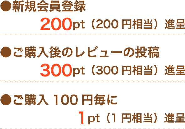 新規会員登録 200pt（200円相当）進呈　ご購入後のレビューの投稿 300pt（300円相当）進呈　ご購入100円毎に 1pt（1円相当）進呈